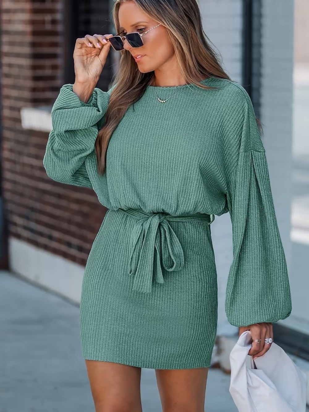 NWT Cupshe Green Ribbed Knit Sweater Dress Lantern Sleeve Tie Back Belt Sz L